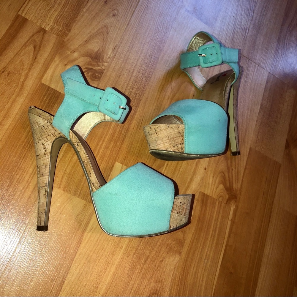 Luichiny turquoise teal cork pumps size
